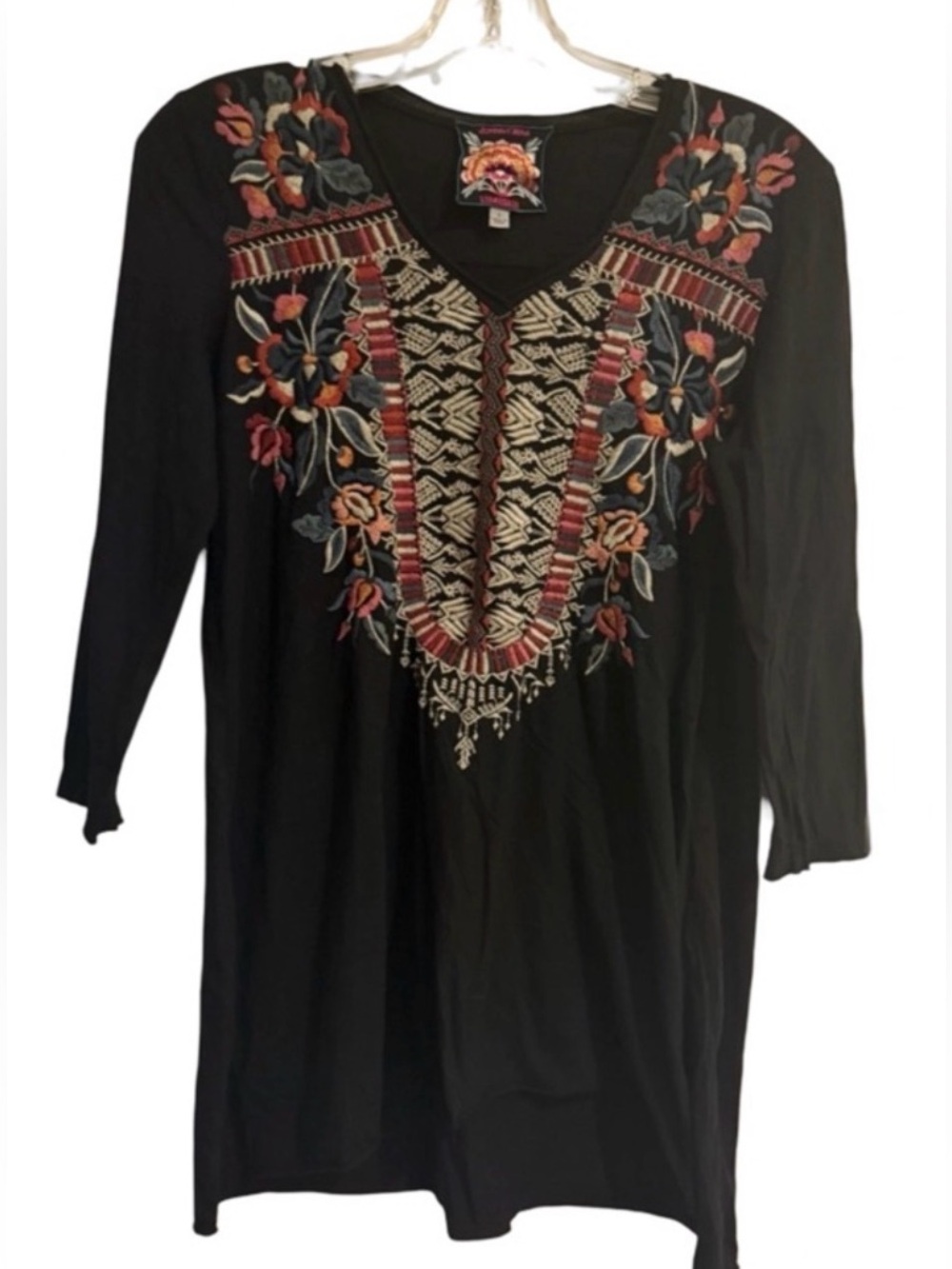 Johnny Was Anacapri Embroidered Tunic Top Womens S Black Boho Floral